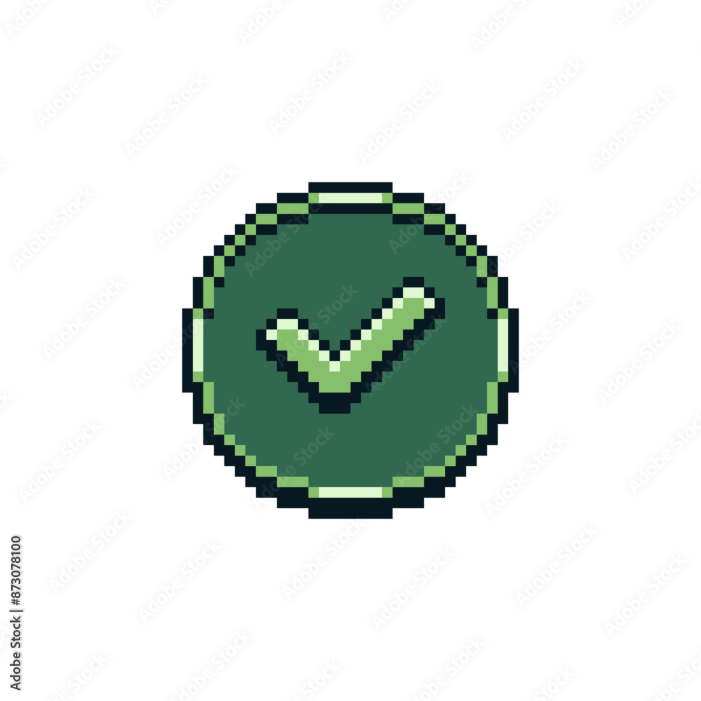 Check mark pixel art icon, done, isolated vector illustration. Design for stickers, logo, web and mobile app.	

