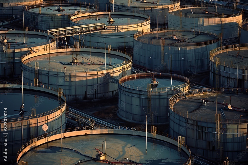 Rows of large, cylindrical storage tanks at an industrial facility, viewed from above. Generative AI Rows of large, cylindrical storage tanks at an industrial facility, viewed from above. Generative AI