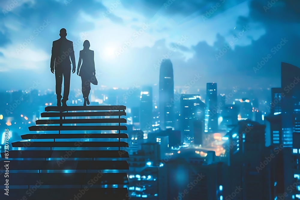 Silhouette of Couple Standing on Stairs Against a City Skyline Illustration Silhouette of Couple Standing on Stairs Against a City Skyline Illustration