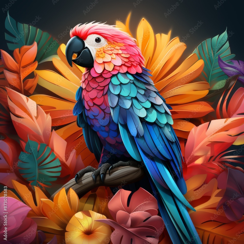 Fototapeta premium A Vibrant Macaw Perched Among Lush Tropical Foliage