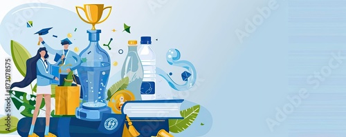 Wallpaper Mural Illustration of sustainable living with reusable bottles, education elements, and eco-friendly concepts on a blue background. Torontodigital.ca