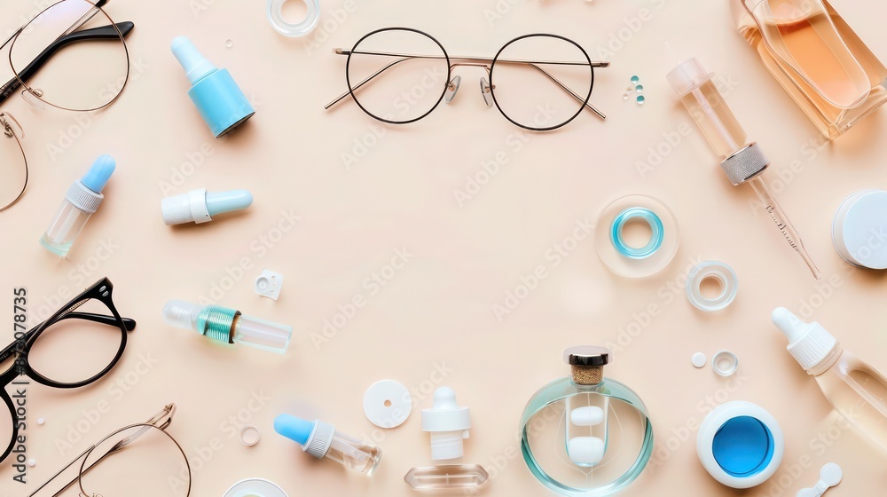 A flat lay of optical care items, including different glasses, lens solutions, and eye drops, arranged on a soft beige background, ideal for optical services promotions with included copy space. A flat lay of optical care items, including different glasses, lens solutions, and eye drops, arranged on a soft beige background, ideal for optical services promotions with included copy space.