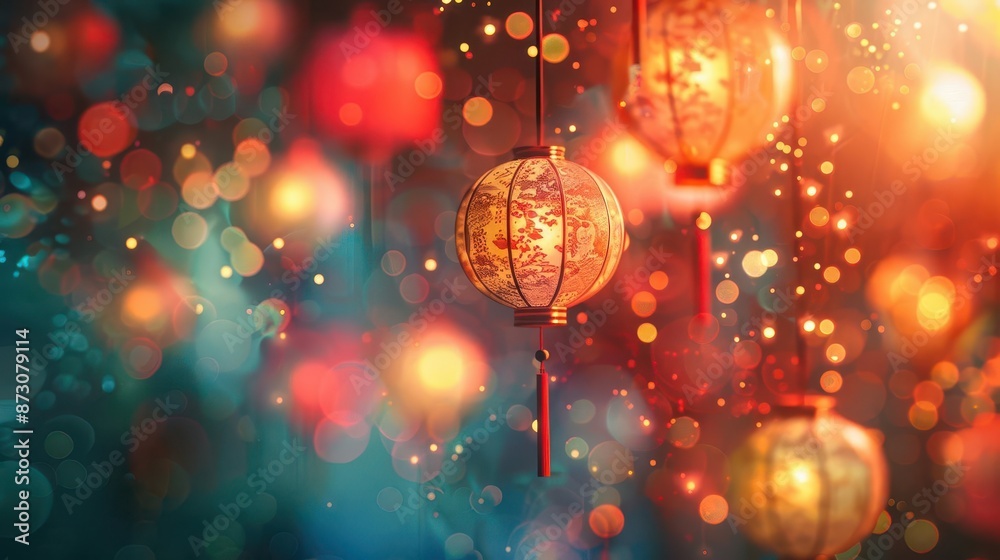 Red and gold Chinese lanterns hanging against a bokeh background. Red and gold Chinese lanterns hanging against a bokeh background.