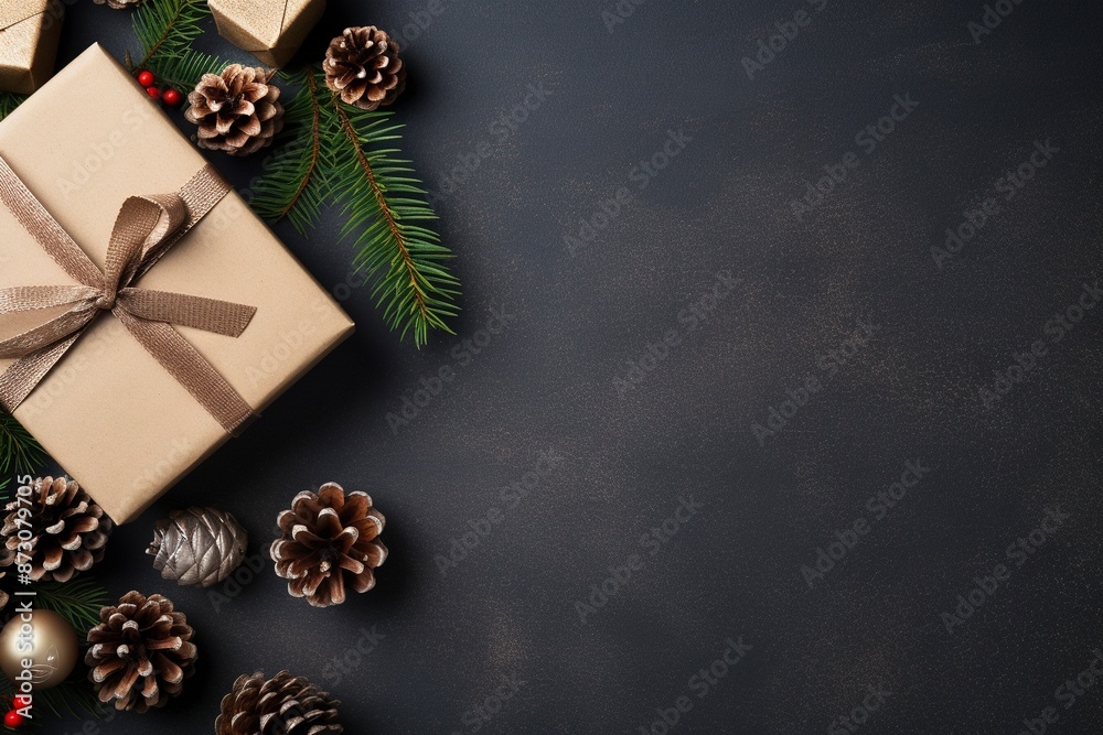 Christmas composition with fir tree branches pine cones gift boxes tag and ribbons Flat lay with blank copy space with generative ai Christmas composition with fir tree branches pine cones gift boxes tag and ribbons Flat lay with blank copy space with generative ai