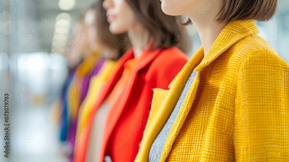 closeup of fashionable women in a row wearing brightly colored jackets. closeup of fashionable women in a row wearing brightly colored jackets.