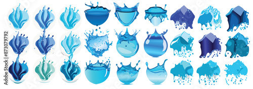 Collection set of blue water splash isolated on white or transparent.