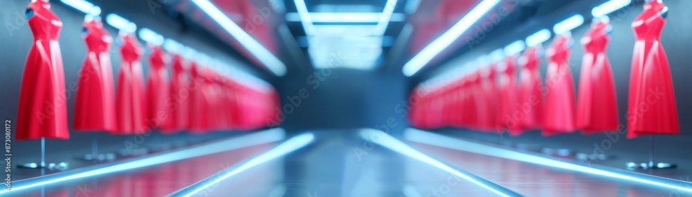 futuristic fashion display with neon lights and red dresses on mannequins. futuristic fashion display with neon lights and red dresses on mannequins.