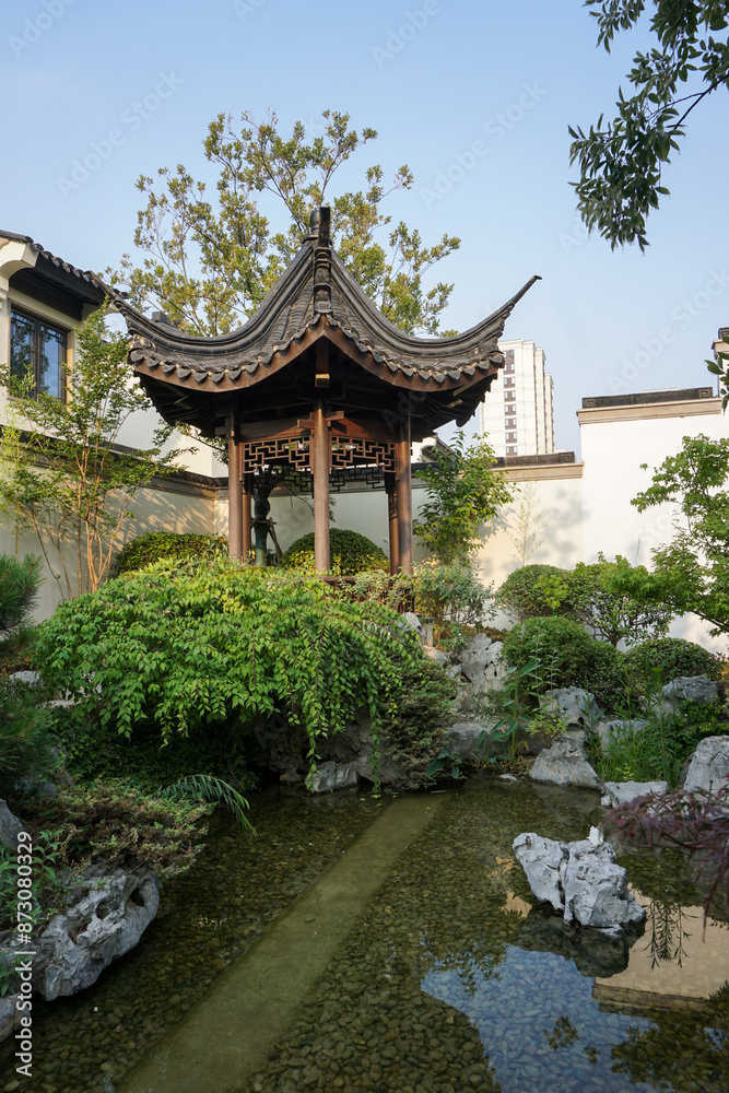 Chinese city luxury villa residential courtyard garden, Jiangnan garden style garden layout. Chinese city luxury villa residential courtyard garden, Jiangnan garden style garden layout.