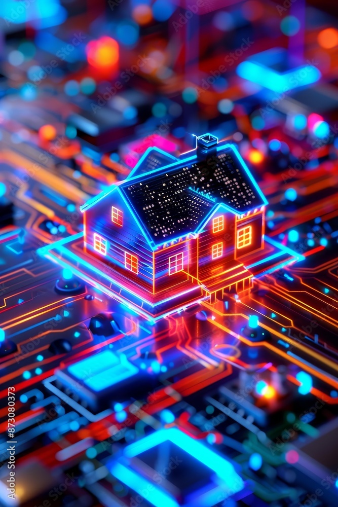 Obraz premium smart home concept house on circuit board with neon lights.