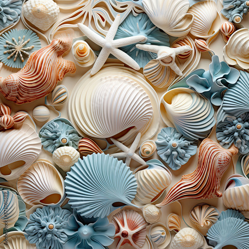 Pearl Patterns of seashells coral reefs and ocean waves pastel colors , High quality photo