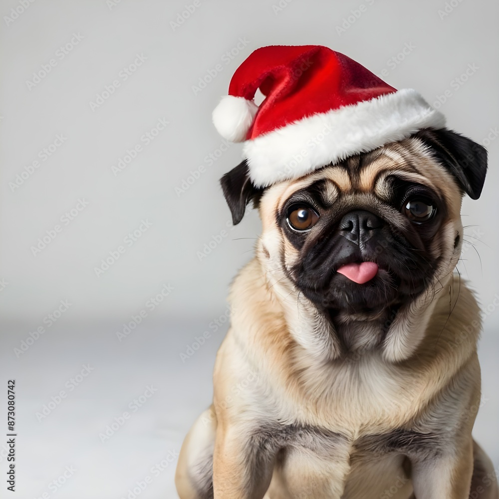 Pug dog with red Santa Claus hat celebrating Christmas holidays. isolated on white background. Generative AI Pug dog with red Santa Claus hat celebrating Christmas holidays. isolated on white background. Generative AI