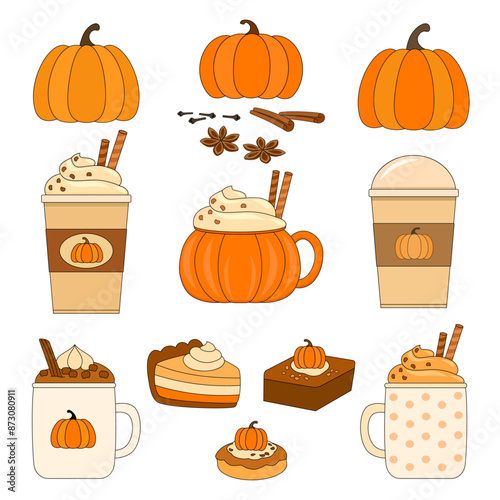 Vector set of pumpkin spice seasonal flavored drinks and food isolated on white background.