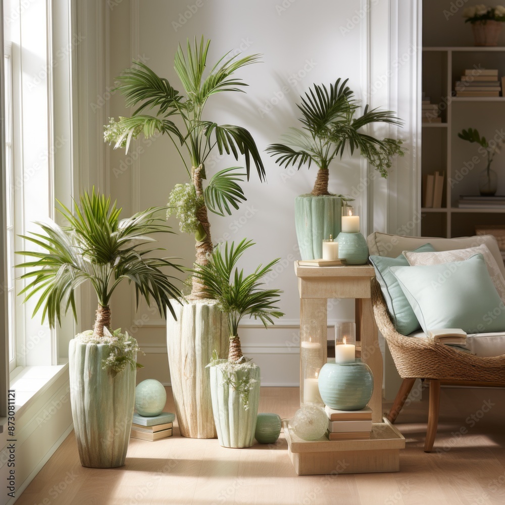 Fototapeta premium Tropical Living Room with Green Accents and Palm Trees