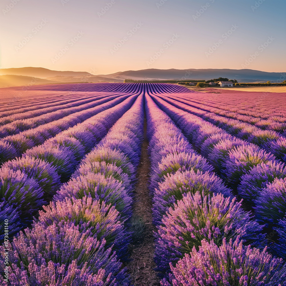 Obraz premium Stunning Lavender Field in Full Bloom with Golden Sunlight and Clear Blue Sky Purple and Blue Colours