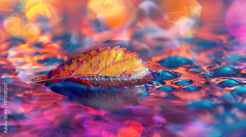 A dry leaf immersed in colored water gradually absorbs pigments, transforming its natural brown colors into intense shades, which is a beautiful example of the interaction of nature and art. photo