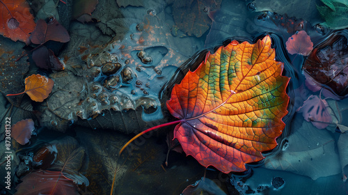 A dry leaf immersed in colored water gradually absorbs pigments, transforming its natural brown colors into intense shades, which is a beautiful example of the interaction of nature and art. photo