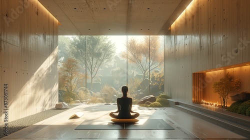 Woman Meditating In Modern Wooden Room With Large Window And Garden View