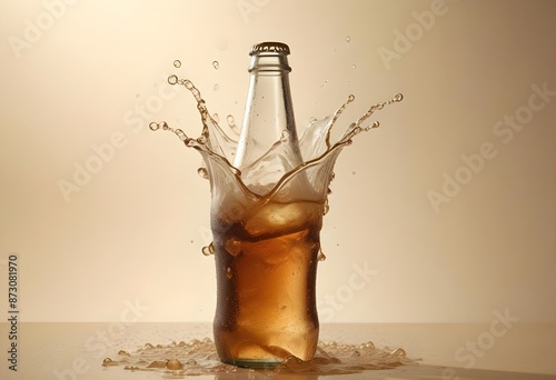 Overflowing fizzy soda pop splashing out of a plain clear glass bottle with no label mockup photo