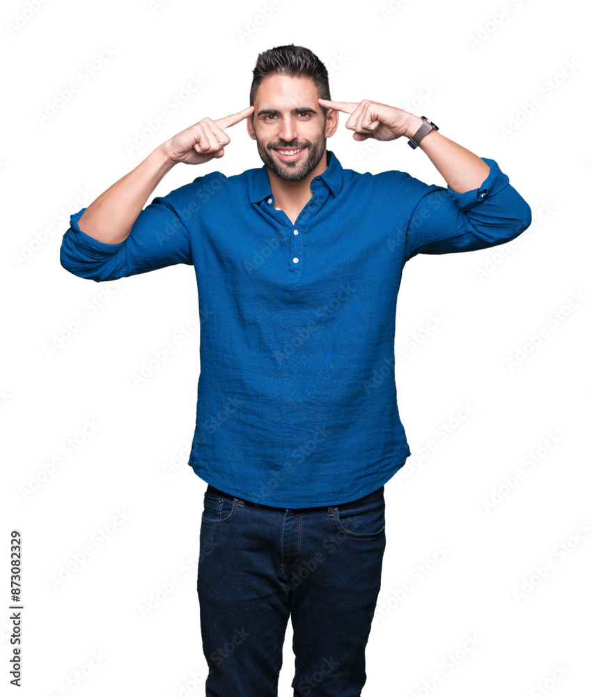 Young handsome man over isolated background Smiling pointing to head with both hands finger, great idea or thought, good memory Young handsome man over isolated background Smiling pointing to head with both hands finger, great idea or thought, good memory