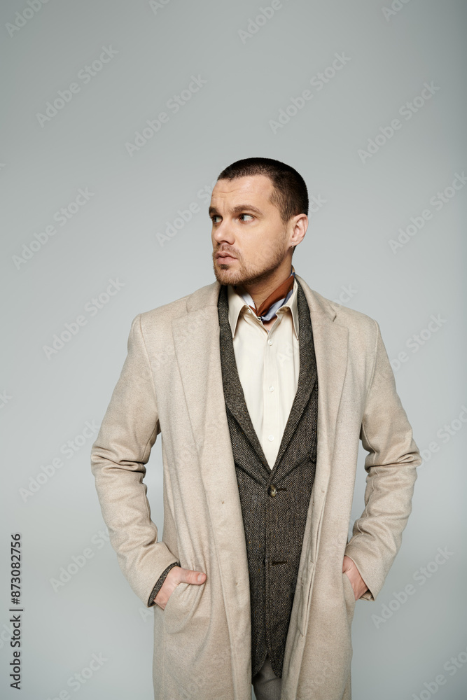 A man in a stylish coat stands with his hands in his pockets, looking off to the side. A man in a stylish coat stands with his hands in his pockets, looking off to the side.