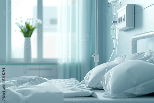 Hospital bed with clean white sheets and a patient receiving IV fluids in a sterile environment. This image captures the essence of medical care and patient treatment in a clinical setting.