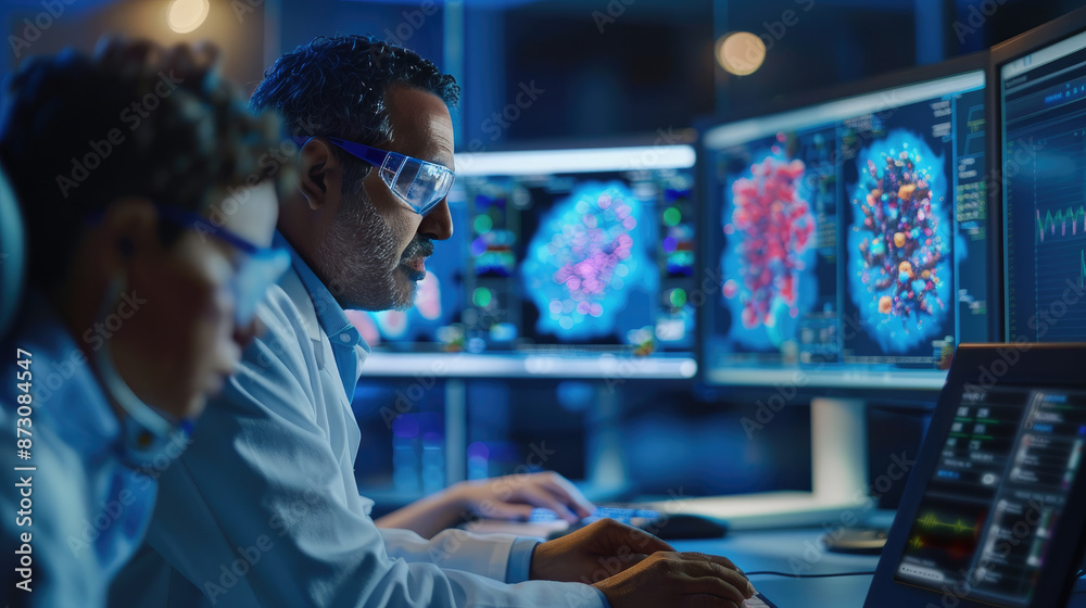 Researchers analyze 3D genetic data projections during a clinical trial. Highlighting the diversity and advanced techniques in modern medical research. Researchers analyze 3D genetic data projections during a clinical trial. Highlighting the diversity and advanced techniques in modern medical research.