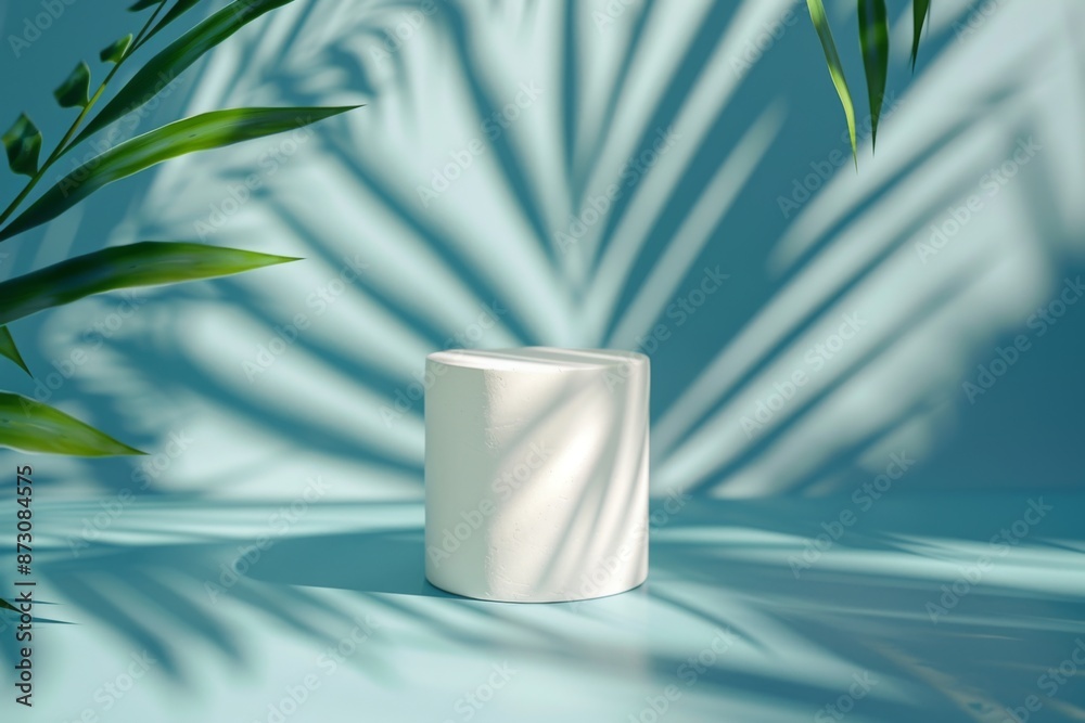 White Cylinder Display with Palm Leaf Shadow White Cylinder Display with Palm Leaf Shadow