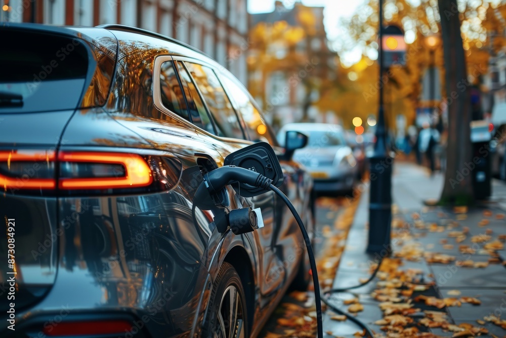 An image showcasing an electric car being charged at a station on a leaf-strewn city street, highlighting the convenience and eco-friendliness of electric vehicles in an urban setting. An image showcasing an electric car being charged at a station on a leaf-strewn city street, highlighting the convenience and eco-friendliness of electric vehicles in an urban setting.