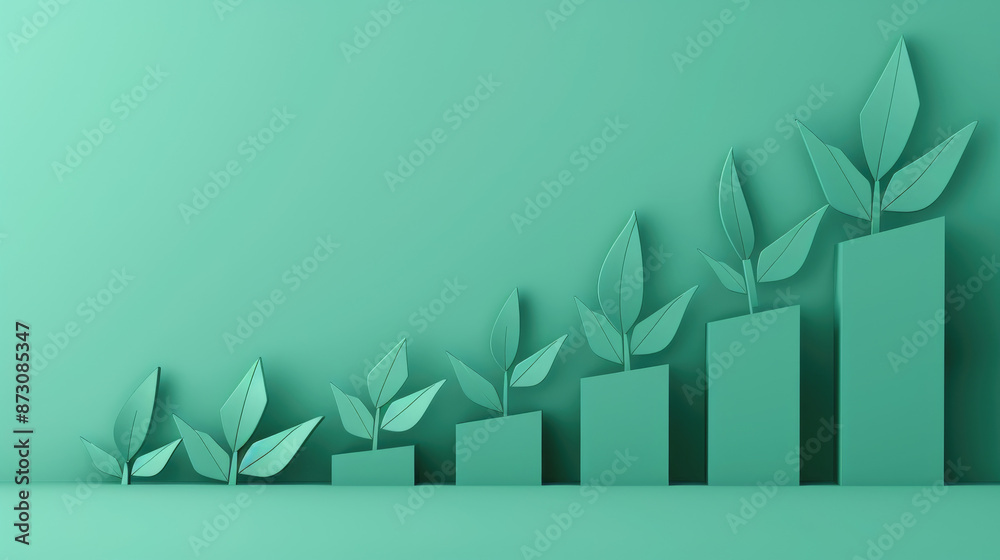 Green foliage on financial documents showing growth trends, sustainable finance, eco-investing.