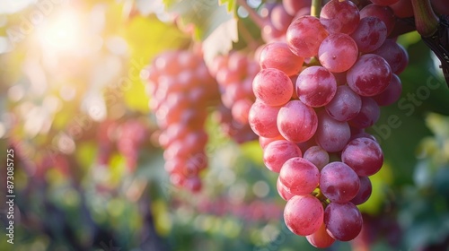 fresh and healthy organic red grape fruit with blurred green natural plantation garden background at agriculture farm.