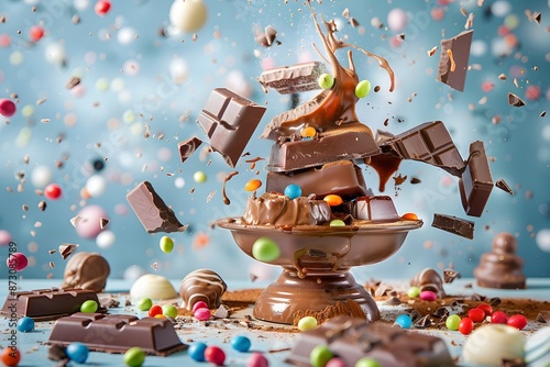 Vibrant Chocolate Fountain at Lively Party with Colorful Splashes and Accents