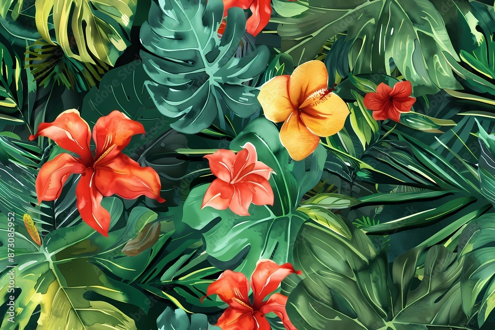 Tropical Floral Pattern with Lush Greenery Tropical Floral Pattern with Lush Greenery
