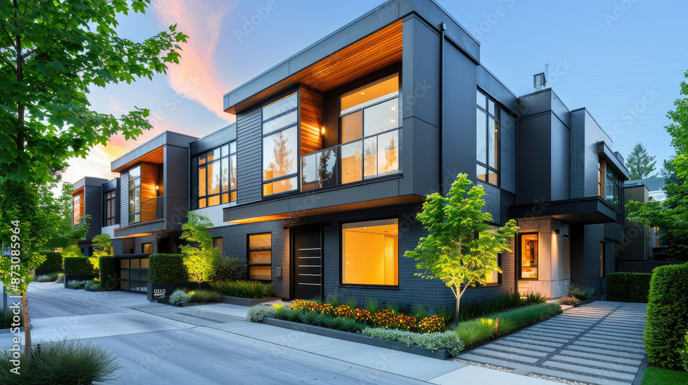 Modern private black townhouses, modular design, residential architecture exterior concept, morning or late afternoon shot. Modern private black townhouses, modular design, residential architecture exterior concept, morning or late afternoon shot.