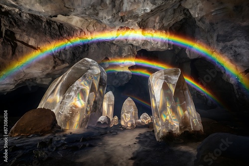 Rainbow Arch Over Crystal Formations in Cave photo