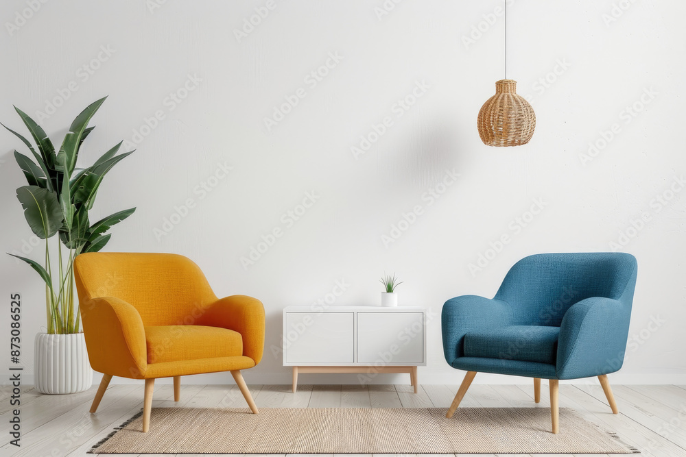 Modern living room with orange, blue armchairs, white sofa, wooden cabinet in Scandinavian design. Modern living room with orange, blue armchairs, white sofa, wooden cabinet in Scandinavian design.