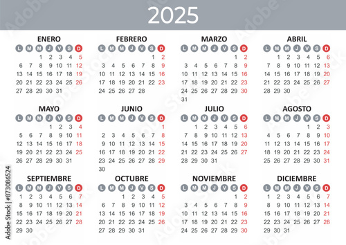 Calendar 2025 Year mockup. Spanish version. Annual Horizontal template with round days of the week. Modern design. Editable format. EPS10.