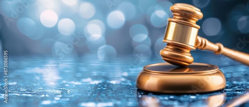 Close-up of a judge's gavel on a reflective surface with a bokeh background representing justice, law, and legal proceedings.