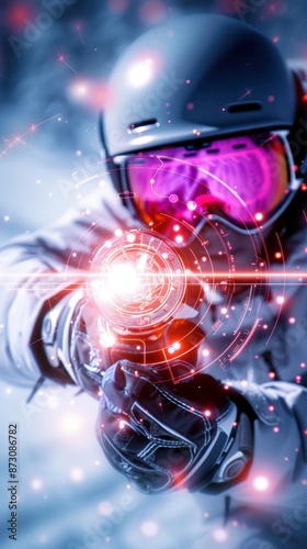 Close-up of a skier in protective gear and helmet, holding a futuristic device with glowing light effect, amidst snow particles.