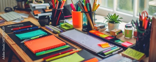 A tidy, colorful desk workspace featuring notebooks, pens, paper, stationery, and a plant, ideal for productivity and creativity. photo