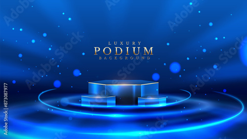 Empty podium golden on blue background with light neon effects with bokeh decorations. Luxury scene design concept. Vector illustrations.