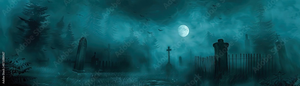 Spooky foggy cemetery at night with full moon and eerie atmosphere, perfect for Halloween or horror-themed projects. Spooky foggy cemetery at night with full moon and eerie atmosphere, perfect for Halloween or horror-themed projects.