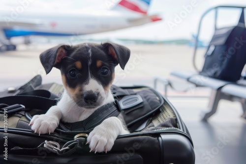 Cute puppy travel adventure dog in suitcase at airport with plane in background