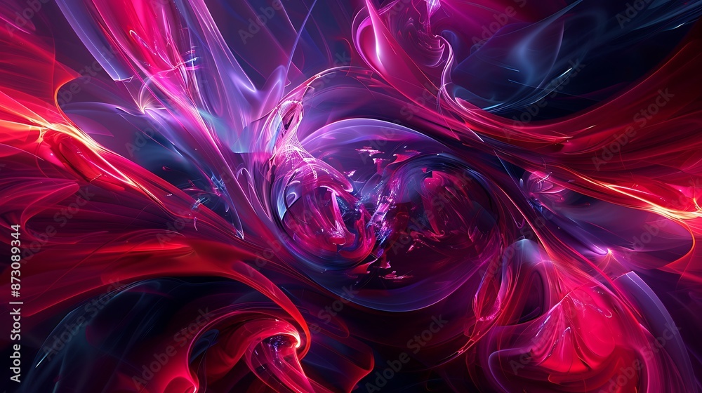 An abstract composition of swirling neon lights in shades of fiery crimson and deep sapphire, creating a mesmerizing display against a backdrop of pure blackness. An abstract composition of swirling neon lights in shades of fiery crimson and deep sapphire, creating a mesmerizing display against a backdrop of pure blackness.