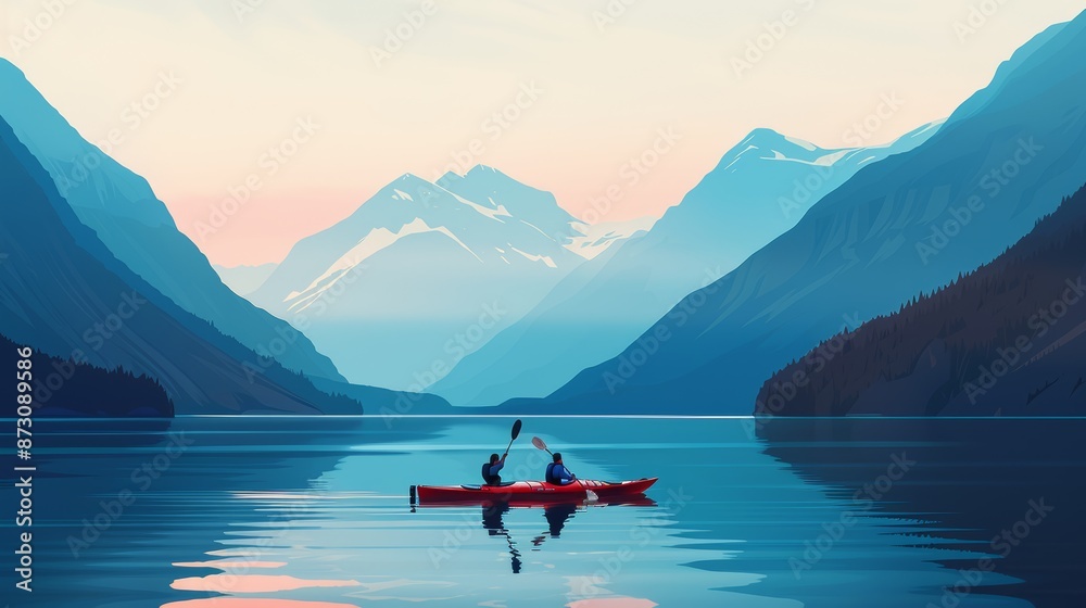 A couple kayaking on a serene lake surrounded by mountains A couple kayaking on a serene lake surrounded by mountains