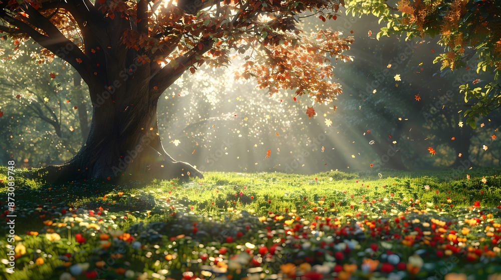 Obraz premium A beautiful tree with leaves in the sunlight, surrounded by green grass and colorful flowers under it. In autumn, there is some fallen leaves scattered around.