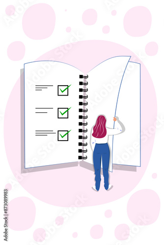 Vector illustration in cartoon style. Concept of woman holding todo, to-do list or checklist with checking of compete tasks. Checkboxes in test document, questionnaire survey form, control list.