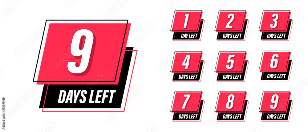 Countdown days left set. Vector sign for special sale promo. 1, 2, 3, 4, 5, 6, 7, 8, 9. Countdown days left set. Vector sign for special sale promo. 1, 2, 3, 4, 5, 6, 7, 8, 9.