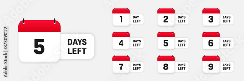 Countdown days left calendar set. Vector sign for special sale promo. 1, 2, 3, 4, 5, 6, 7, 8, 9.