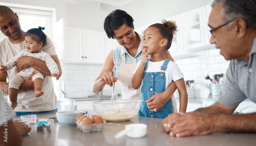 Grandparents, kids and learning in kitchen for baking, development and bonding for motor skills. Children, family and playful in home, teaching and growth with happiness, joy and cognitive ability Grandparents, kids and learning in kitchen for baking, development and bonding for motor skills. Children, family and playful in home, teaching and growth with happiness, joy and cognitive ability