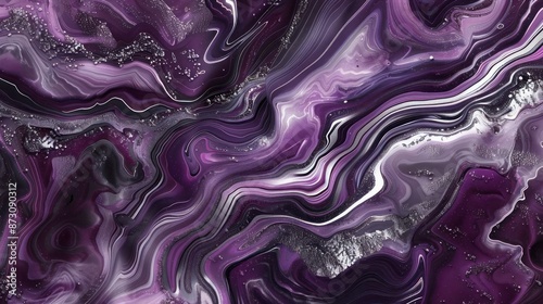 A liquid texture background in shades of deep plum, amethyst, and silver, creating a mysterious and dreamy marbled design.